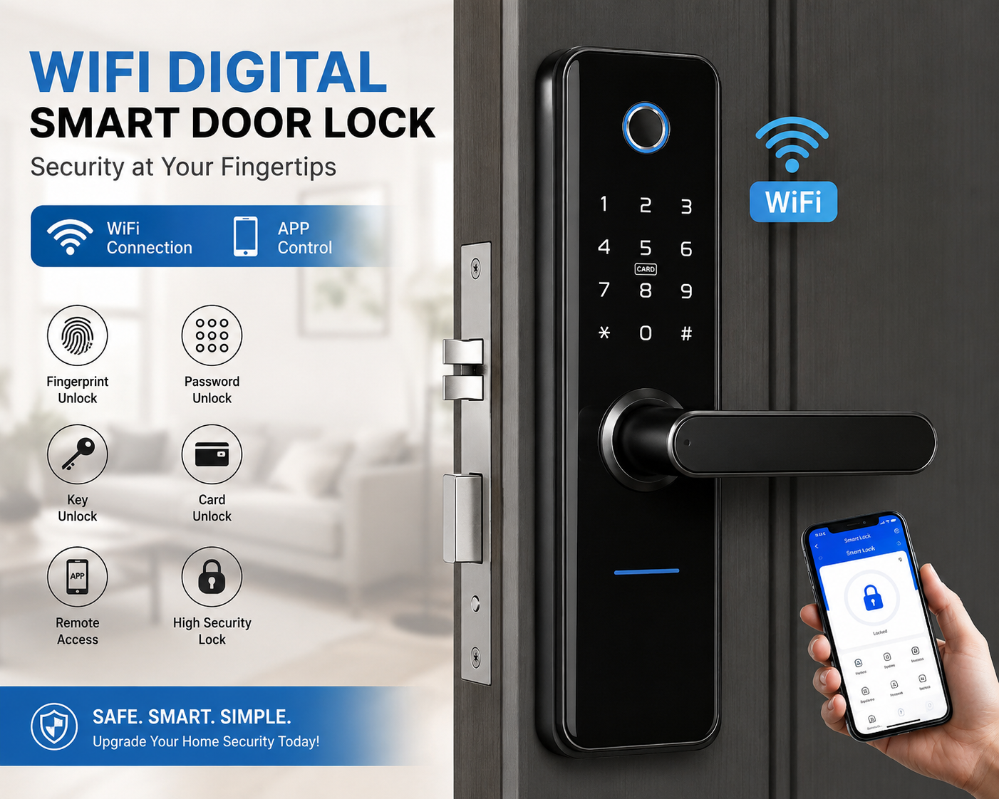 WIFI Digital Smart Door Lock Electronic Fingerprint Password Key Lock-black